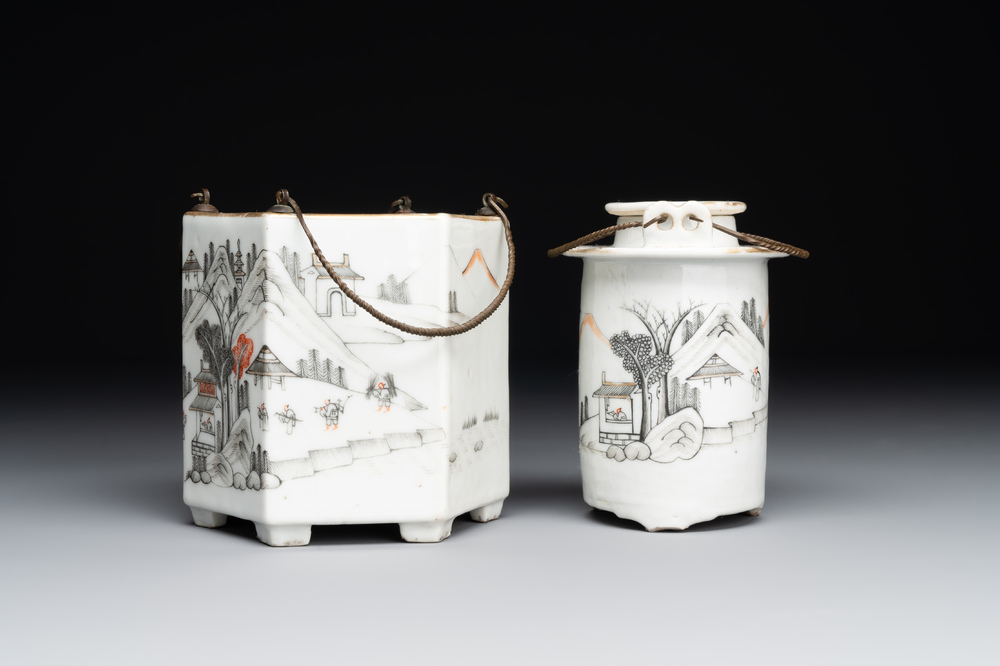 A hexagonal Chinese grisaille covered wine jug and warmer, signed Xinan Xushan 新安旭山, Guangxu mark, 19th C.