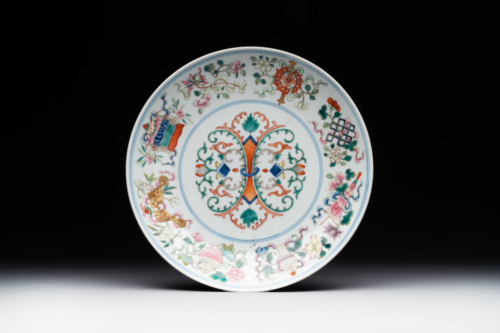 A Chinese famille rose 'bajixiang' plate, Tongzhi mark, 19/20th C.