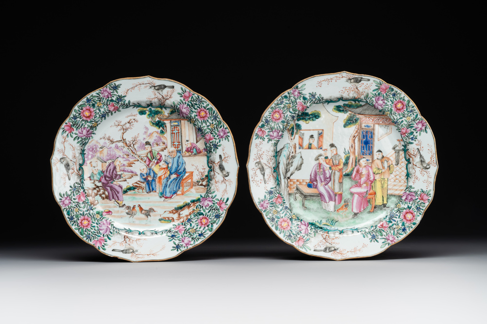 Two fine Chinese Canton famille rose 'mandarin subject' plates, Qianlong