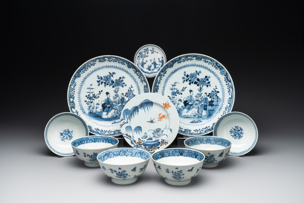 Six Chinese blue and white 'floral' bowls, a pair of dishes, a saucer and an iron-red-decorated plate, Qianlong