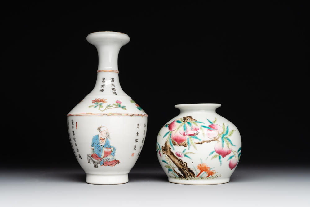 A rare Chinese famille rose 'Wu Shuang Pu' vase and a 'nine peaches' jar, Guangxu mark, 19th C.