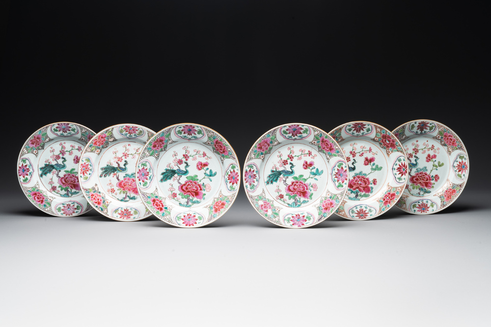 Six Chinese famille rose 'peacock and flowers' plates, Yongzheng
