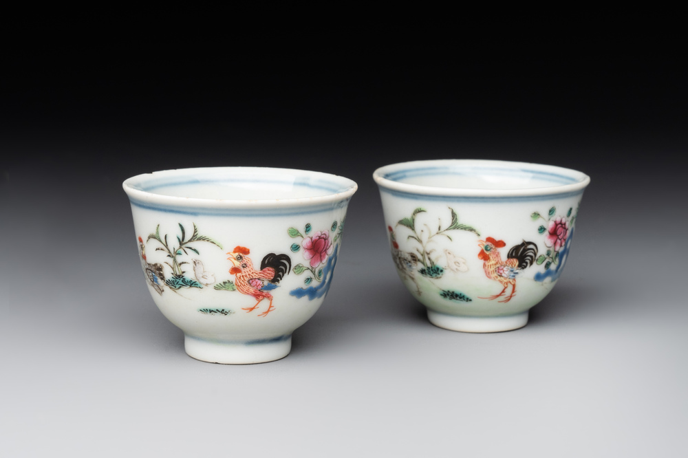 A pair of Chinese famille rose 'chicken' cups, Qianlong mark and of the period