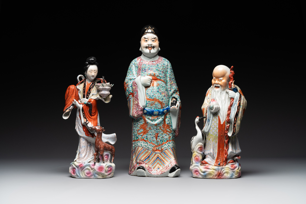 Three Chinese famille rose figures of deities, Deng Yifu 鄧義福 mark, 19th C.