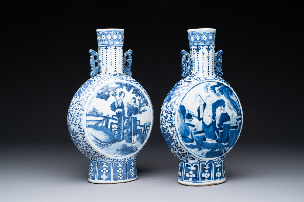 A pair of Chinese blue and white moonflasks or 'bianhu', Kangxi mark, 19th C.