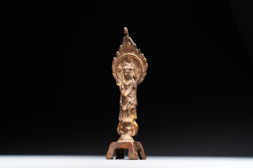 A rare Chinese gilt bronze standing Buddha with aureola and inscription, Northern Wei, dated 441