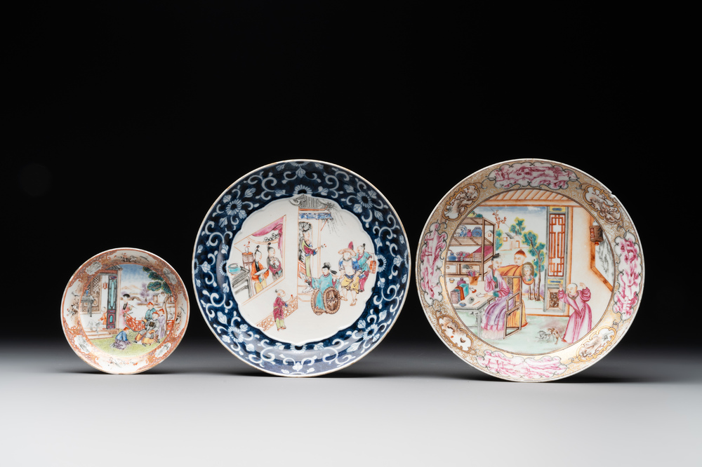 Two Chinese Canton famille rose 'mandarin subject' plates and a saucer, Qianlong