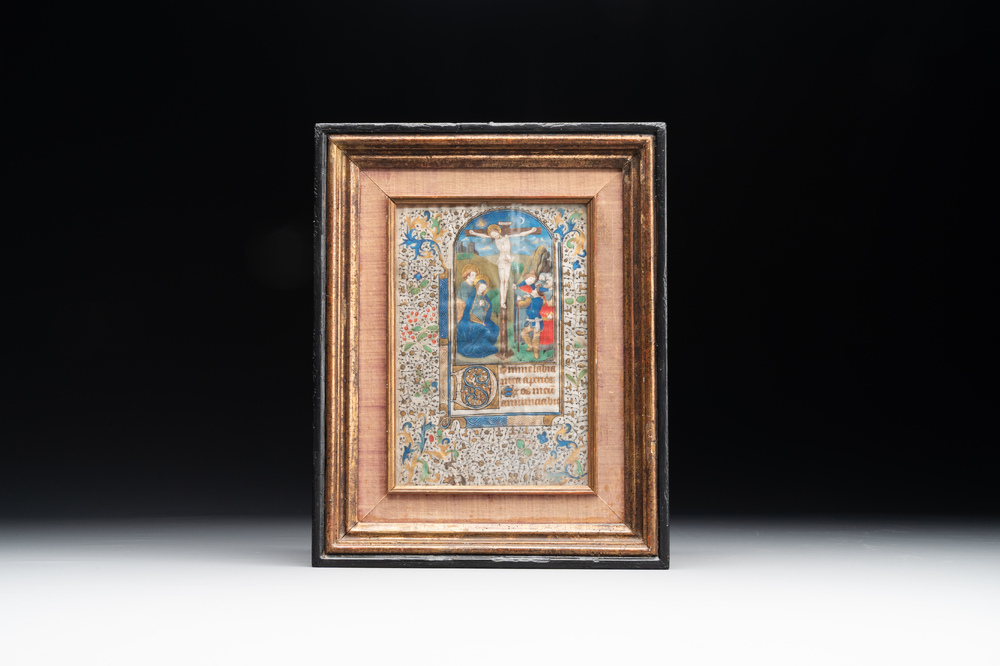 A parchment page from an illuminated book of hours, probably Flanders, 15th C.