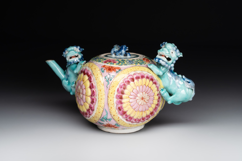 A Chinese famille rose 'Buddhist lion' teapot and cover, Yongzheng