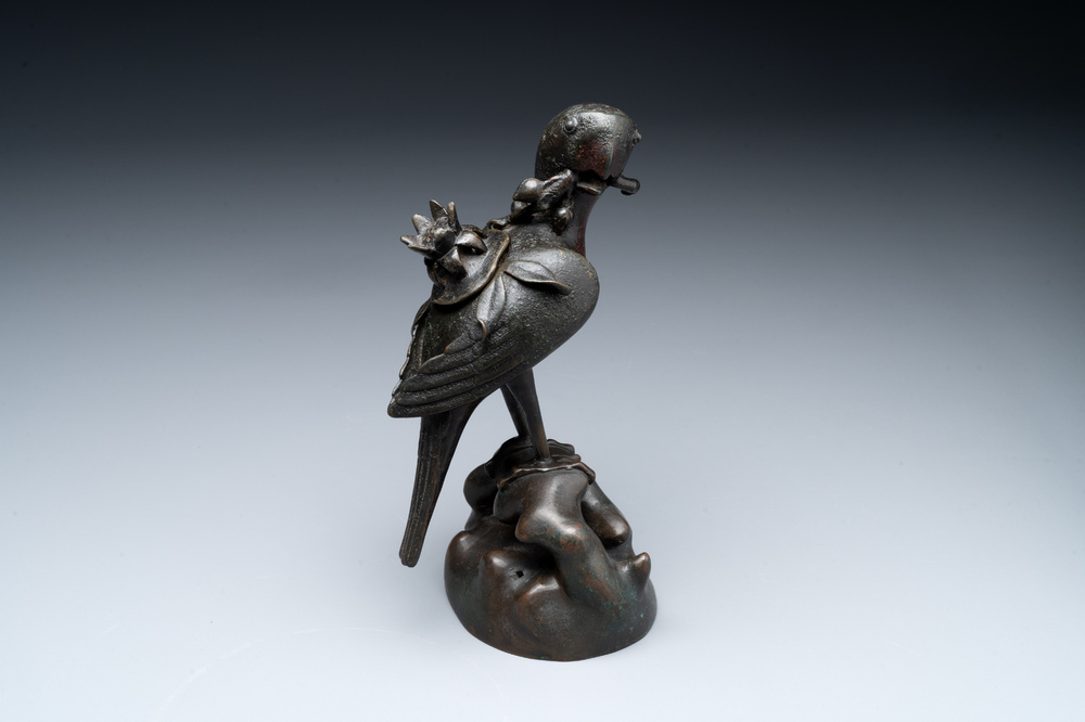 A rare Chinese bronze 'parrot' incense burner, Ming