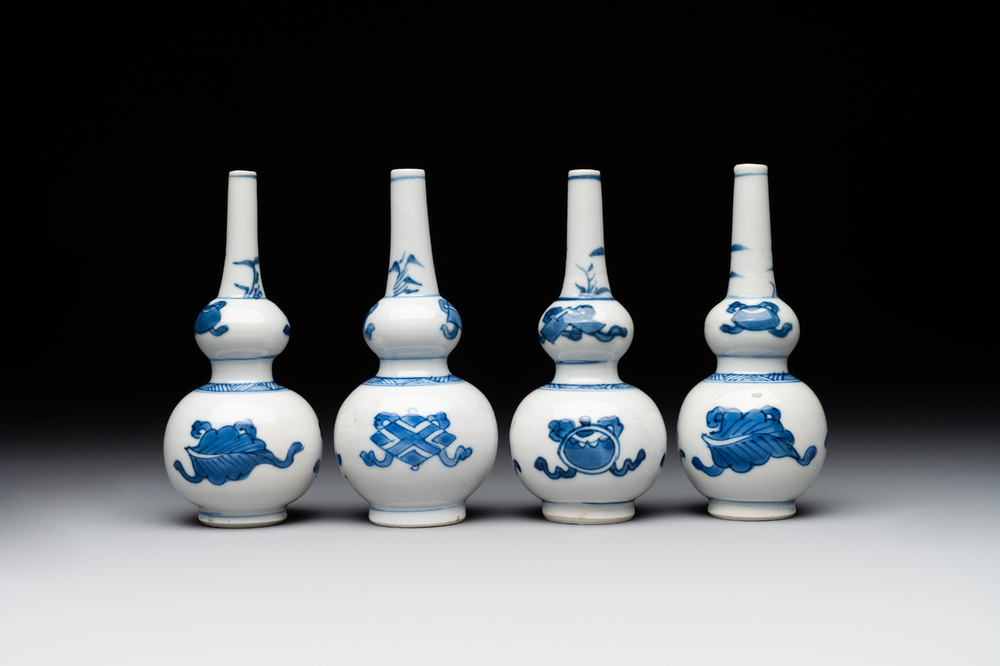 Four Chinese blue and white 'Eight Treasures 八寶' double gourd vases, Kangxi
