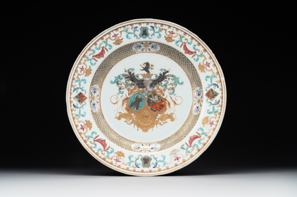 A Chinese famille rose dish with the arms of Bistrate and Prolli for the Belgian market, Qianlong