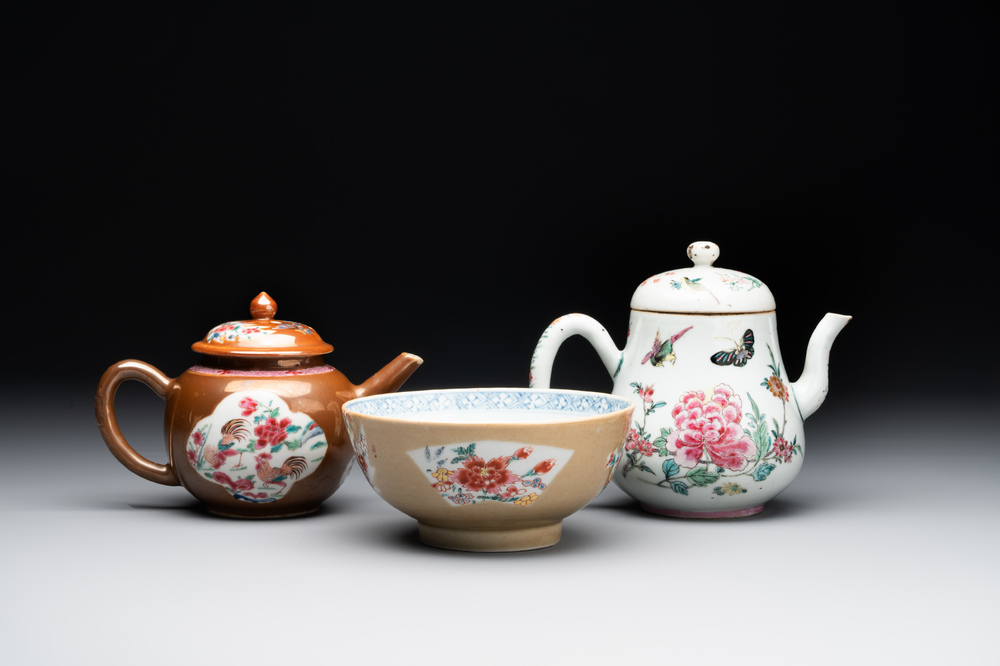 Two Chinese famille rose teapots and a bowl, Qianlong