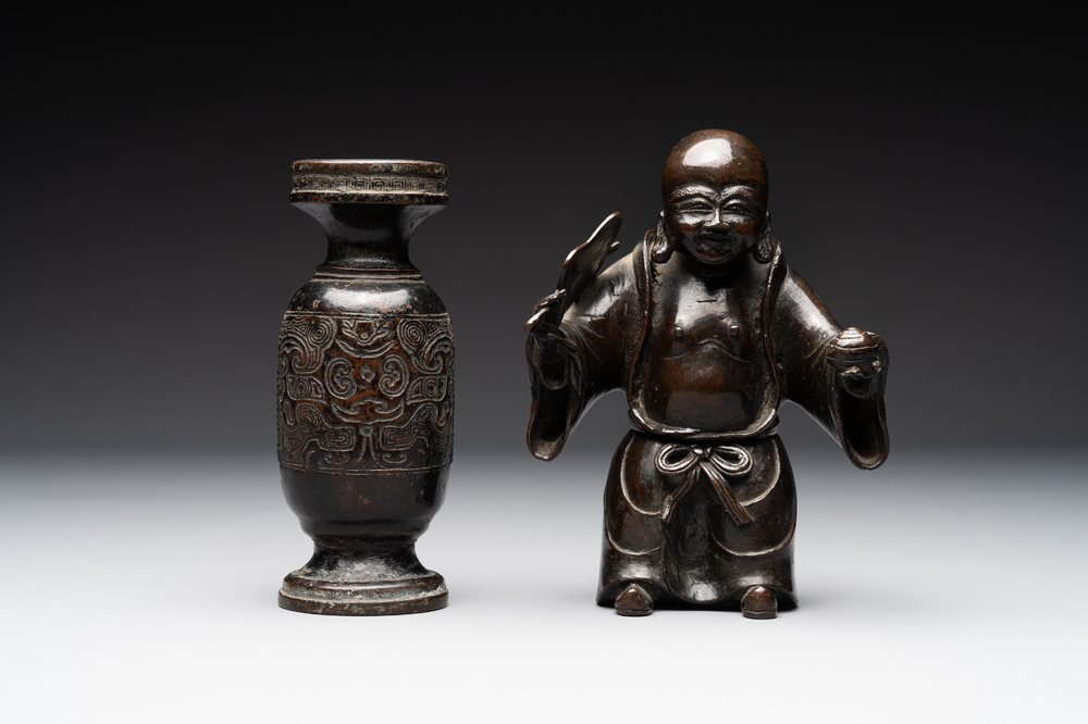 A Chinese bronze vase and a Taoist figure-shaped incense burner, Ming