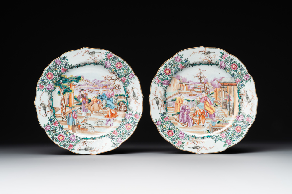 Two fine Chinese Canton famille rose 'mandarin subject' plates, Qianlong