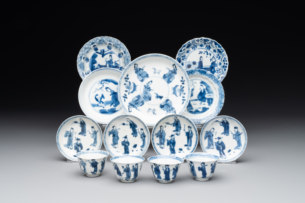 Four Chinese blue and white 'Eight Immortals' cups and saucers and five saucers, Chenghua and Lu mark, Kangxi