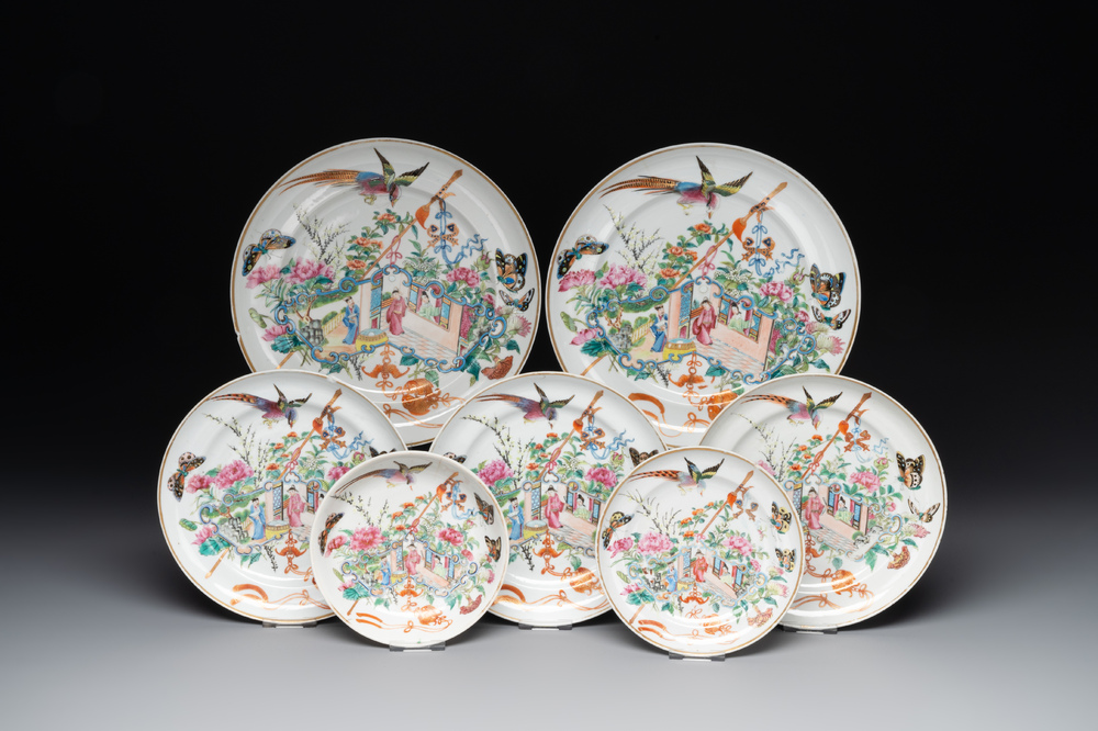 Seven fine Chinese Canton famille rose dishes and plates, 19th C.