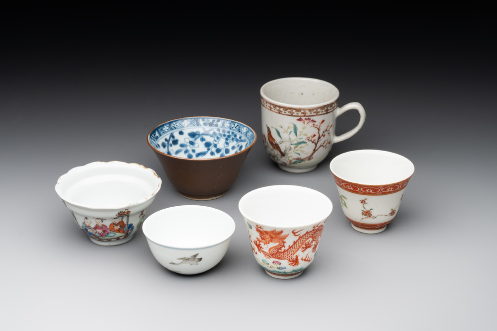 A group of six Chinese blue and white and famille rose cups, Chenghua, Tongzhi and Guangxu mark, Kangxi and later