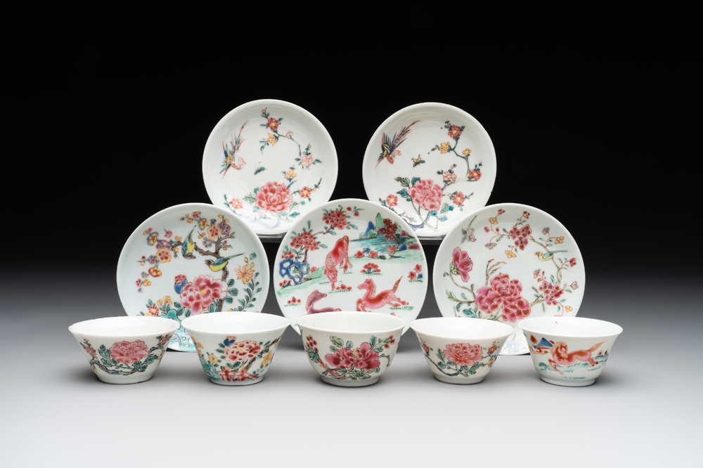 Five Chinese famille rose cups and saucers with horses, birds and flowers, Yongzheng/Qianlong