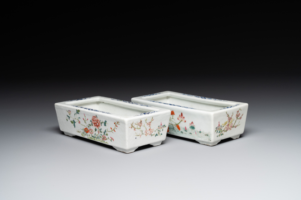 A pair of rectangular Chinese famille rose jardinieres with floral design, Republic