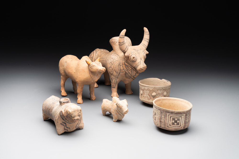 A varied collection of four terracotta animal sculptures and two bowls, Indus Valley, Iran, Pakistan and Afghanistan, 29th/3rd C. B.C.