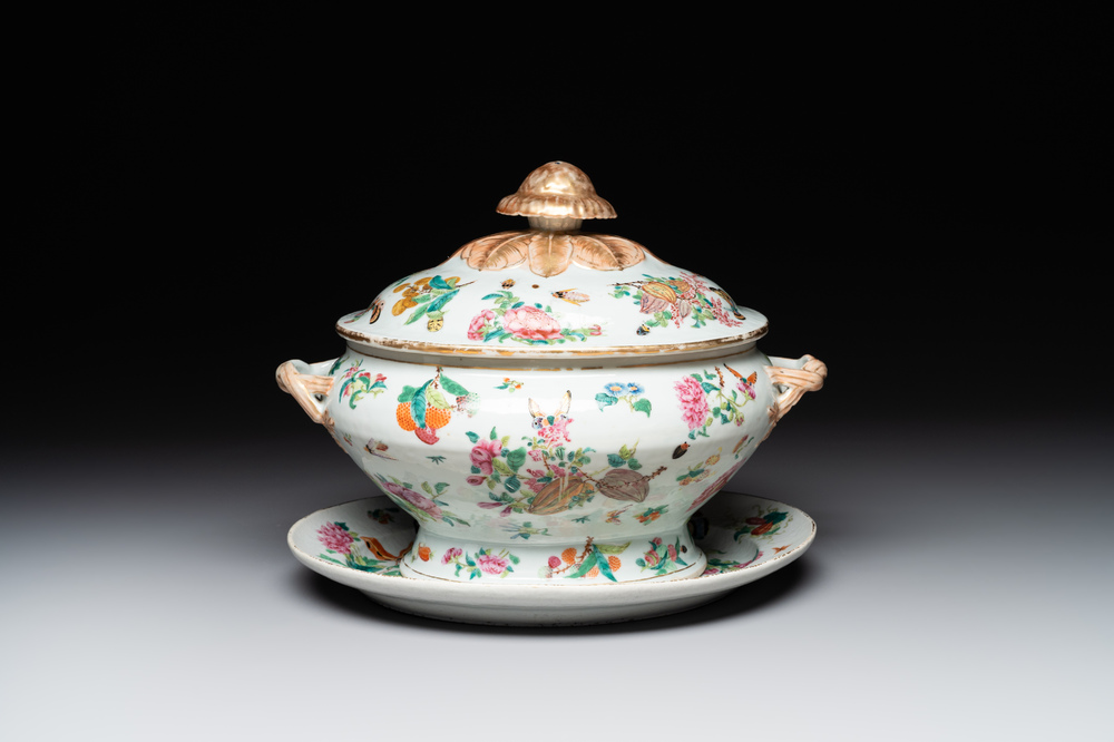 A Chinese Canton famille rose covered tureen on stand with flowers, fruits and insects, 19th C.