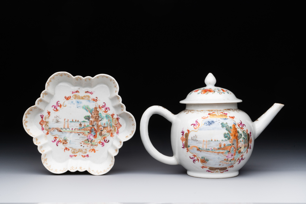 A Chinese famille rose Meissen-style teapot and stand, Qianlong