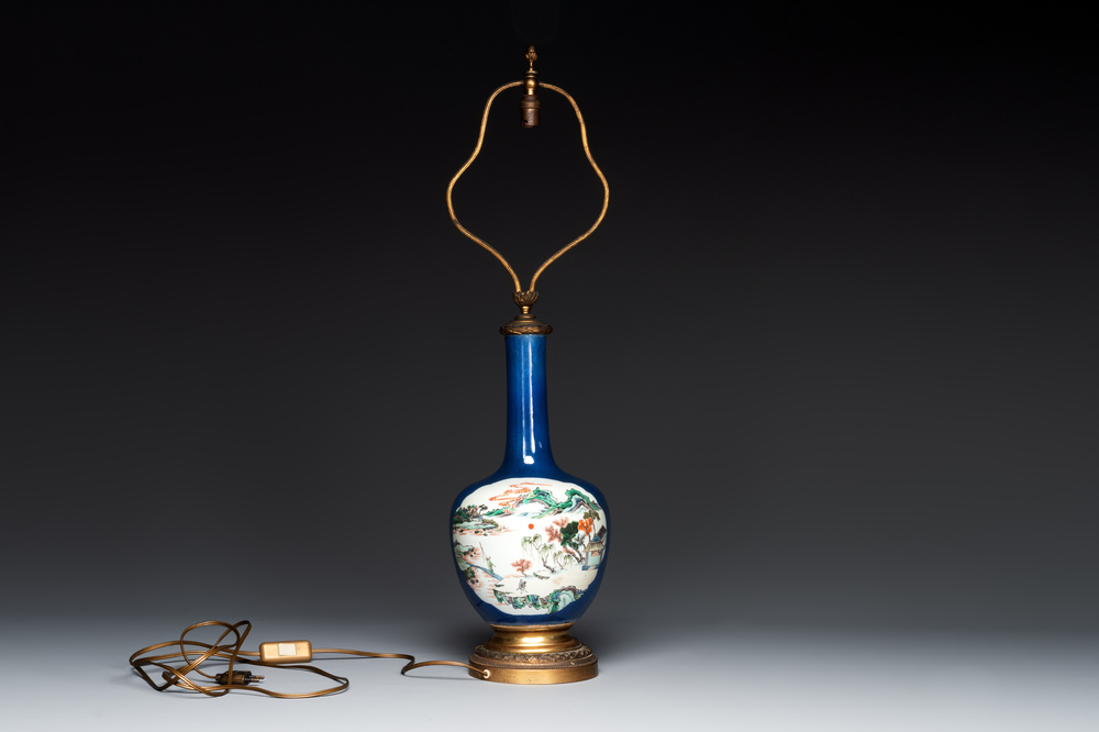 A Chinese famille verte powder blue-ground vase mounted as lamp, 19th C.