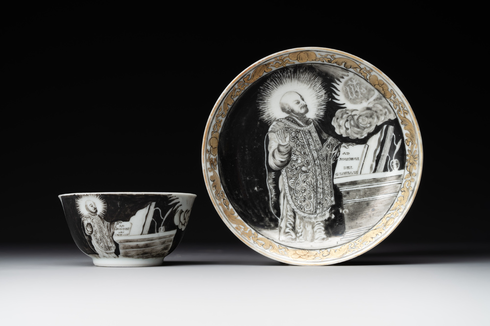 A rare Chinese grisaille and gilt cup and saucer with Ignatius of Loyola, Qianlong