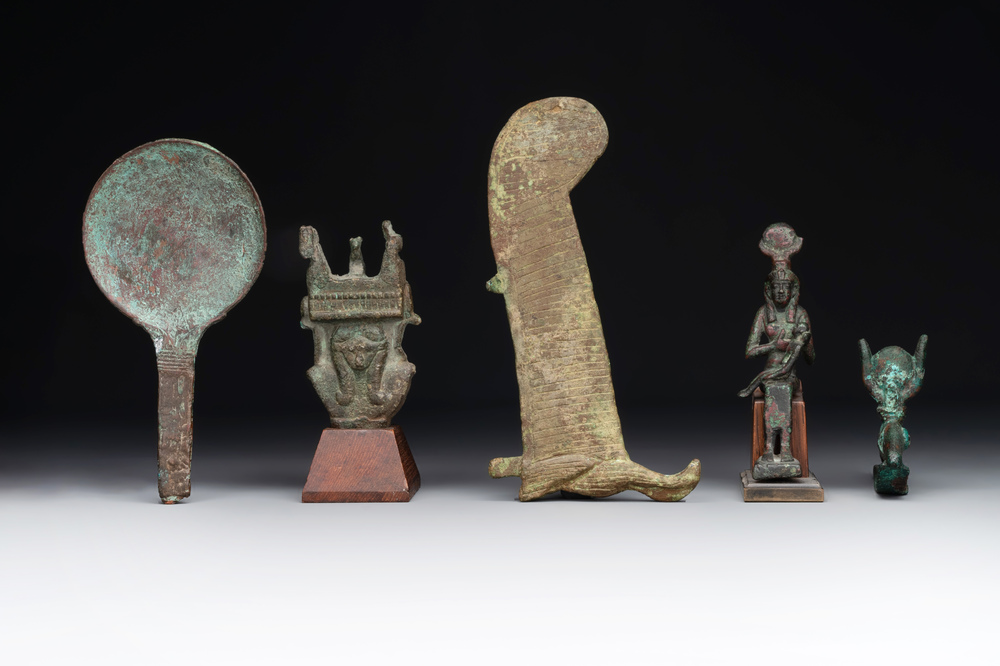 A varied collection of five bronze figures and utensils, Egypt, 3rd/1st C. B.C.