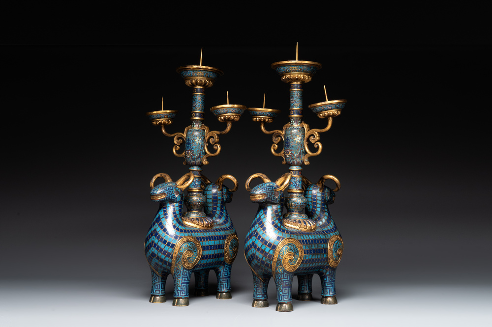 A pair of extremely rare Chinese ram-shaped cloisonn&eacute; candelabra, 18/19th C.