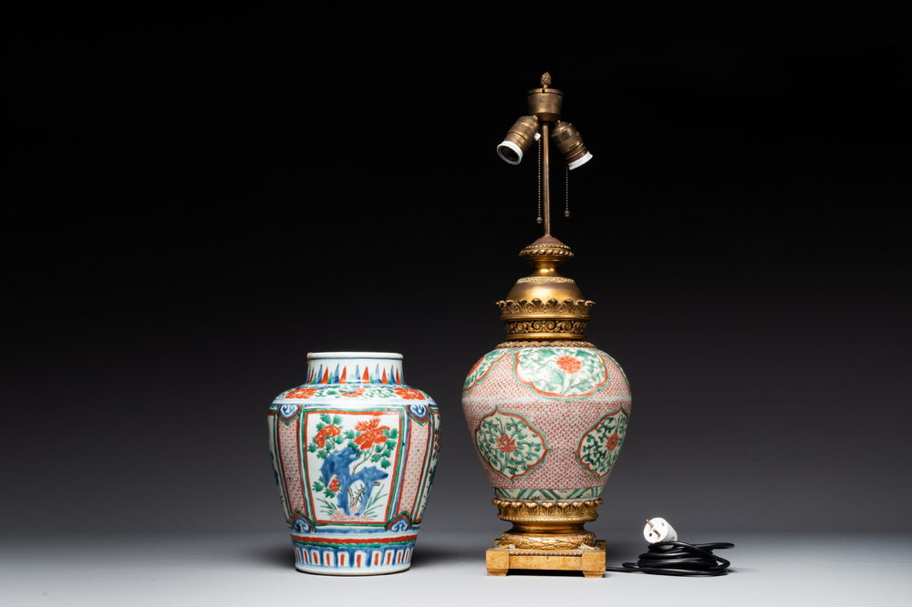 Two Chinese wucai vases, one mounted as a lamp, Transitional period
