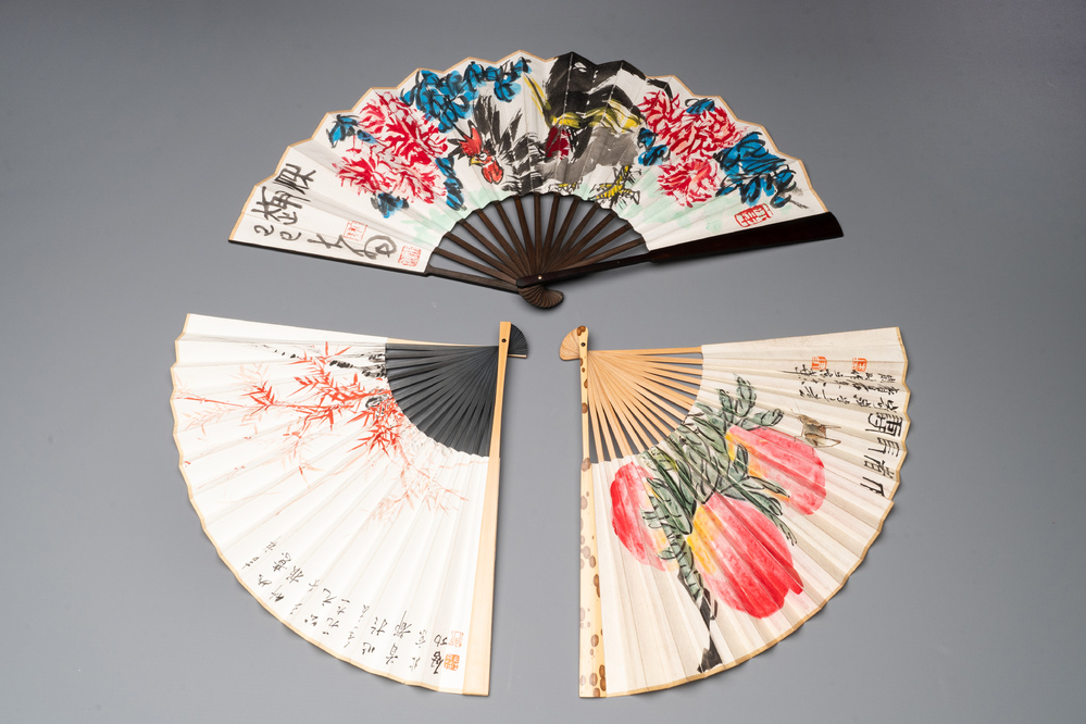 Three Chinese fans, ink and colour on paper, signed Qi Baishi 齊白石 (1864-1957), Qi Gong 启功 (1912-2005), Chen Dayu 陈大羽 (1912-2001) and Shi Shuqing 史树青