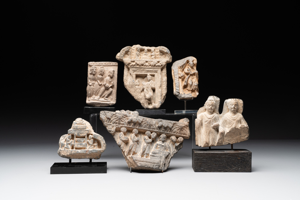 A collection of six Gandhara grey schist fragments with Bodhisattva, divinities and figures, 2/4th C.