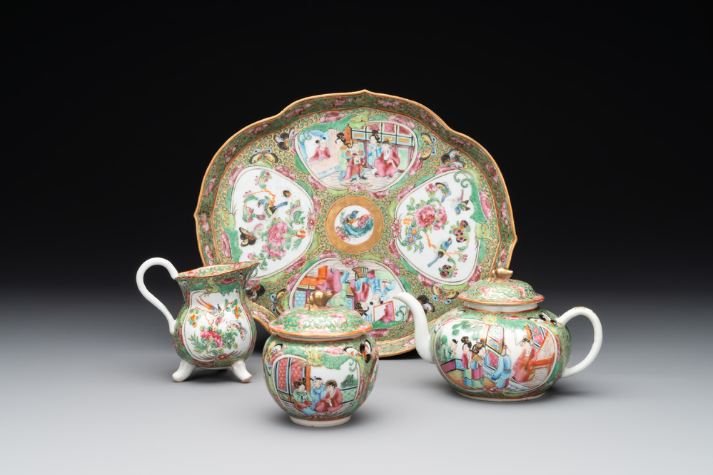 A Chinese Canton famille rose four-piece tea service, 19th C.