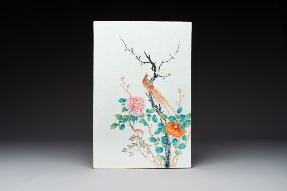 A Chinese famille rose 'pheasant among flowering branches' plaque, 19th C.