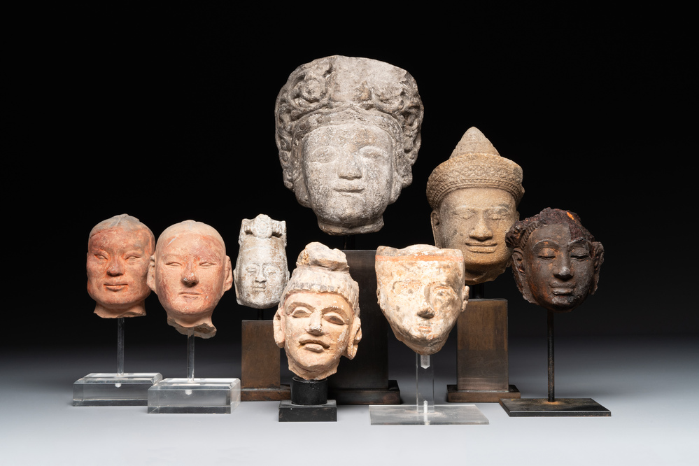 A varied collection of eight pottery, stone and stucco fragments, Asia, 2nd C. B.C. and later