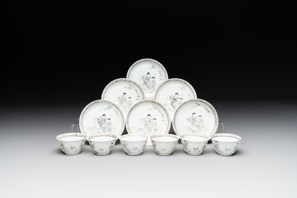 Six Chinese grisaille cups and saucers with Magu and a servant, Yongzheng/Qianlong