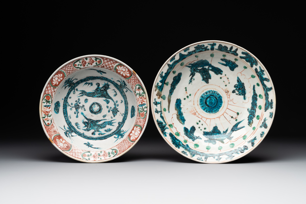 Two Chinese Swatow red-, turquoise- and black-enamelled 'phoenixes' and 'river landscape' dishes, Ming