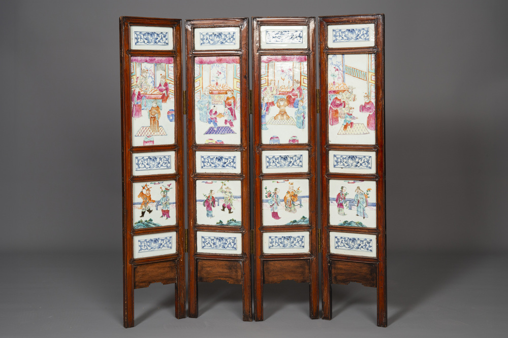 A Chinese four-part folding screen with famille rose plaques, 19th C.