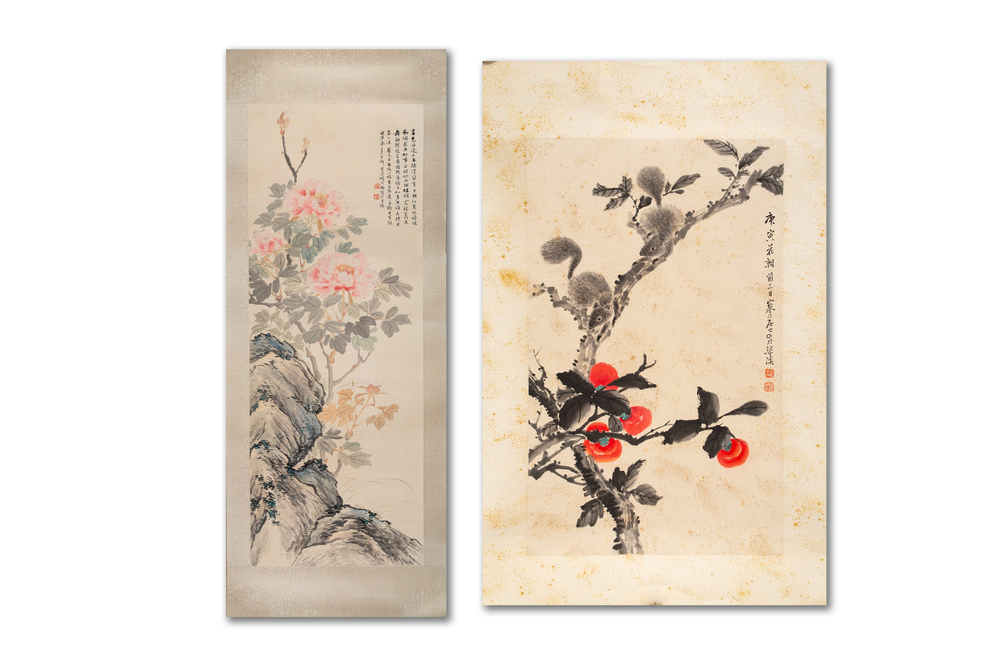 Feng Chaoran 馮超然 (1882-1954) and Jiang Hanting 江寒汀 (1904-1963): 'Peony' and 'Two squirrels on the persimmon tree', ink and colour on paper