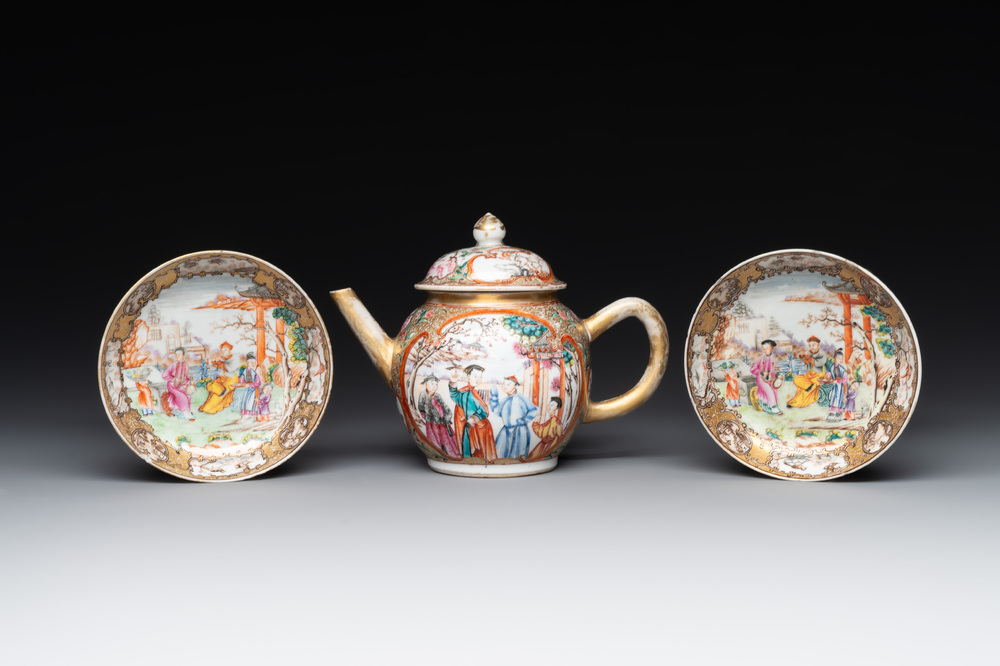 A Chinese Canton famille rose 'mandarin subject' covered teapot and a pair of saucers, Qianlong