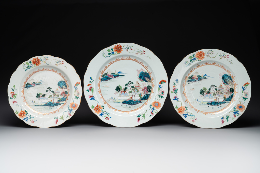 Three Chinese famille rose 'river landscape' dishes, Qianlong
