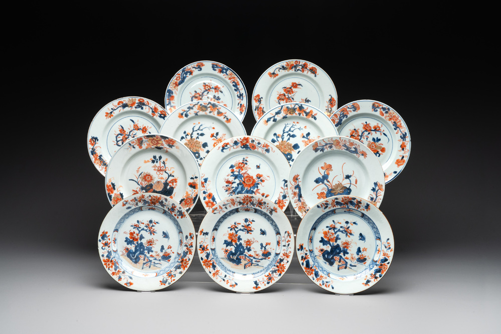 A collection of eleven Chinese Imari-style plates with floral design, 18th C.