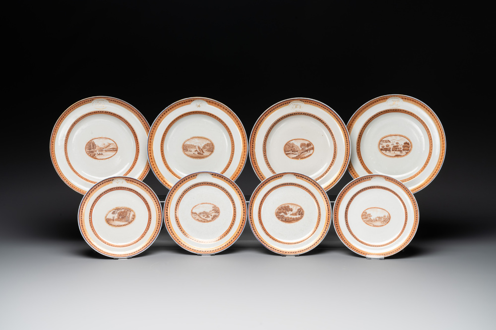 Eight Chinese export 'EHA' monogrammed 'landscape' plates, Jiaqing, ca. 1800