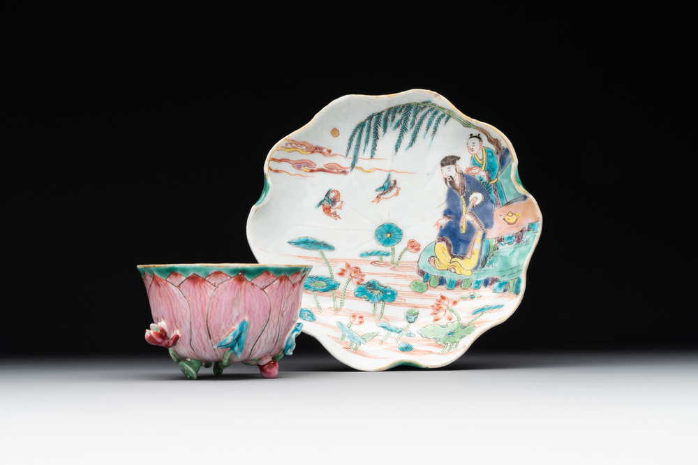 A Chinese famille rose relief-decorated 'lotus' cup and saucer, Yongzheng