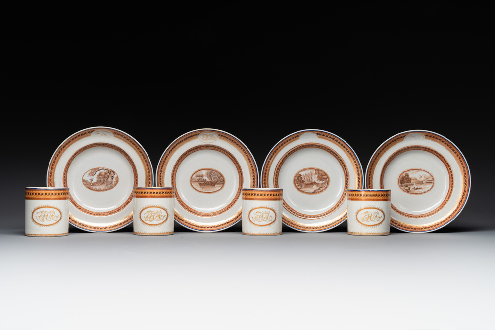 Four Chinese export 'EHA' monogrammed 'landscape' cups and saucers, Jiaqing, ca. 1800