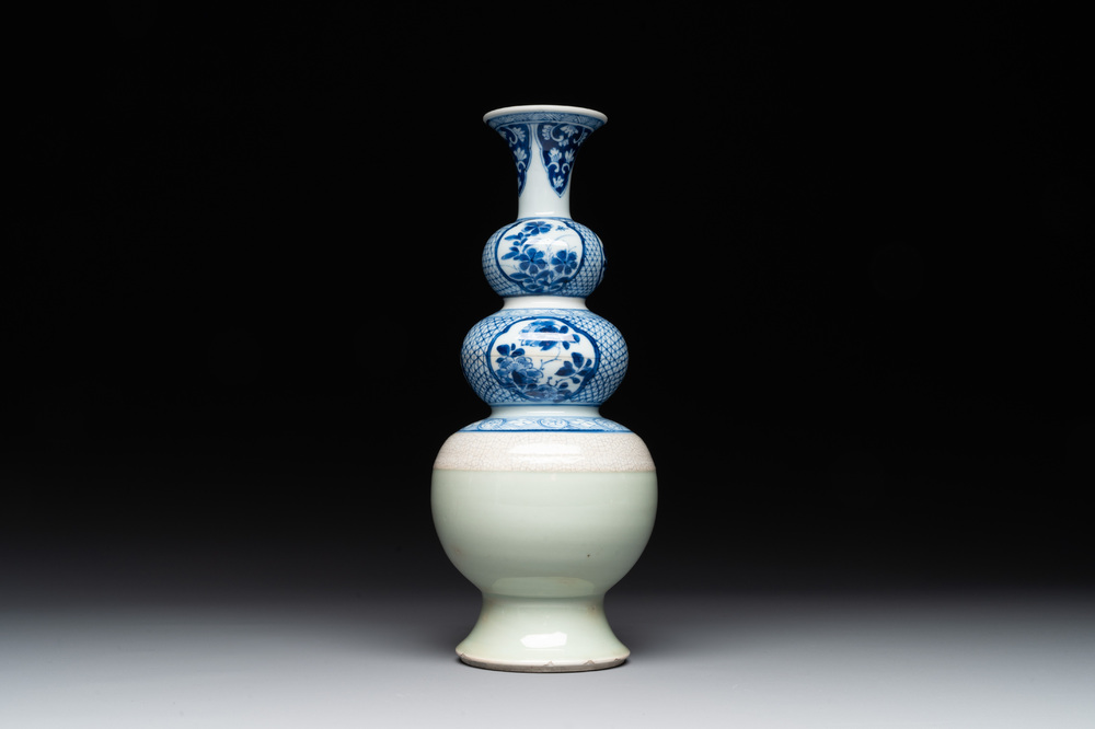 A rare Chinese blue and white, celadon-and-ge-glazed triple gourd vase, Kangxi