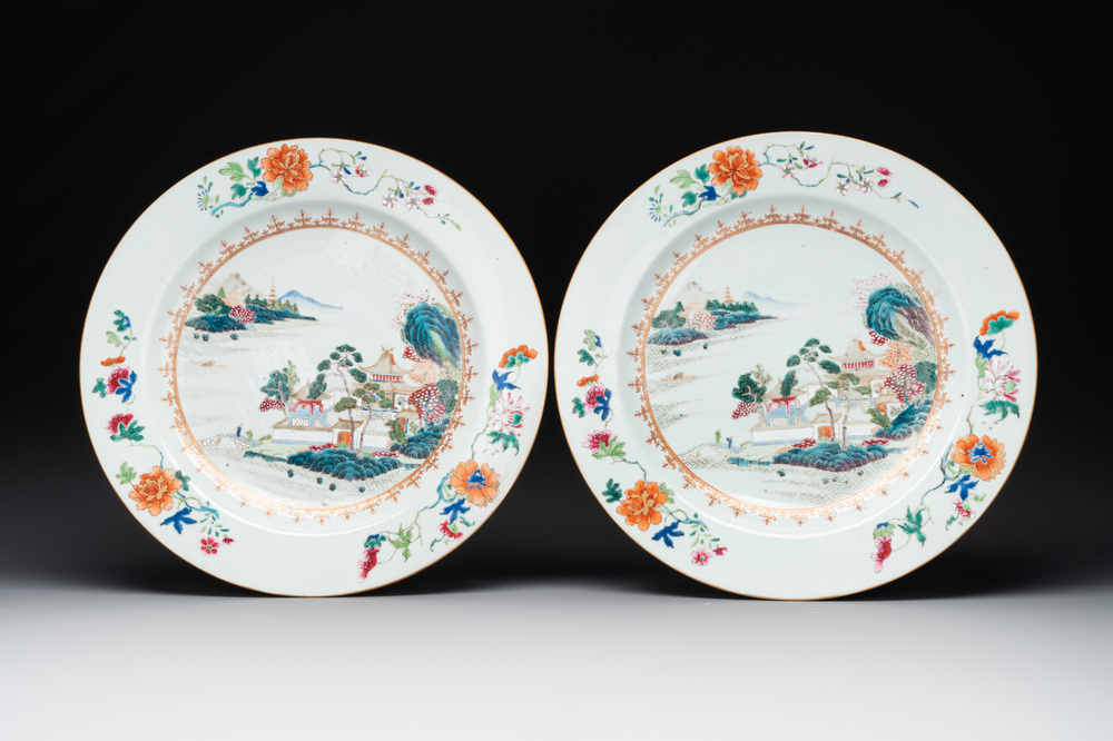 A pair of Chinese famille rose 'river landscape' dishes, Qianlong