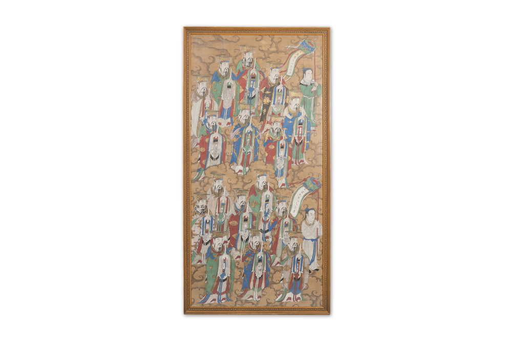 Chinese school: 'Deities in heaven', ink and colour on silk, Qing